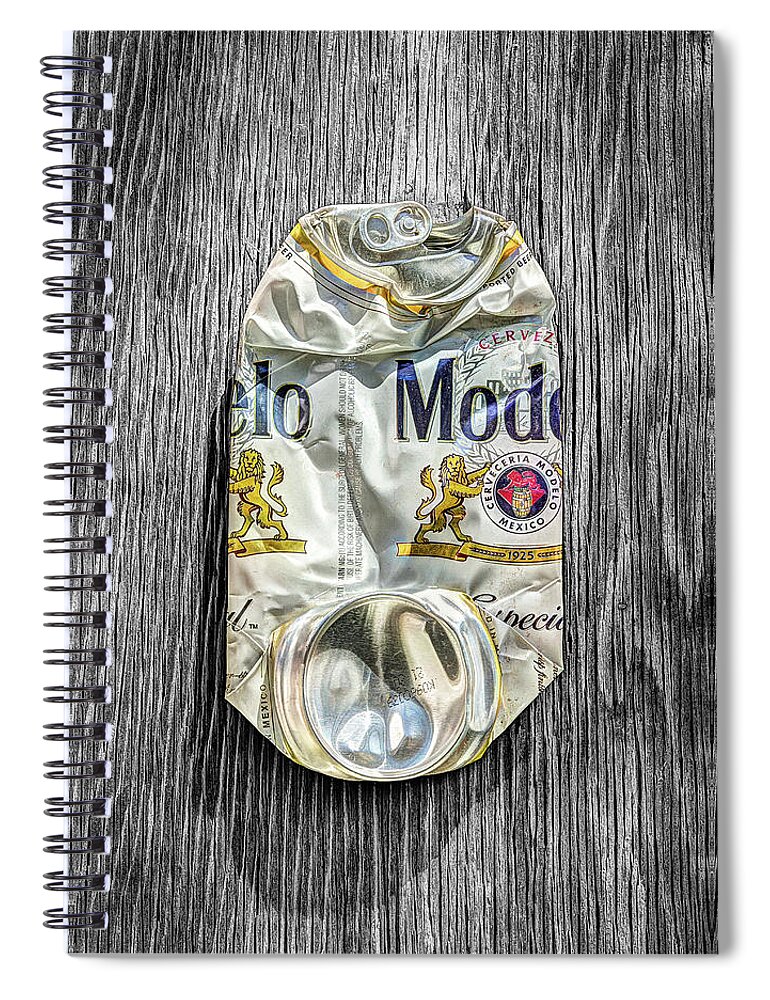 Beer Can Spiral Notebook featuring the photograph Crushed Beer Can Especial on BW Plywood 82 by YoPedro
