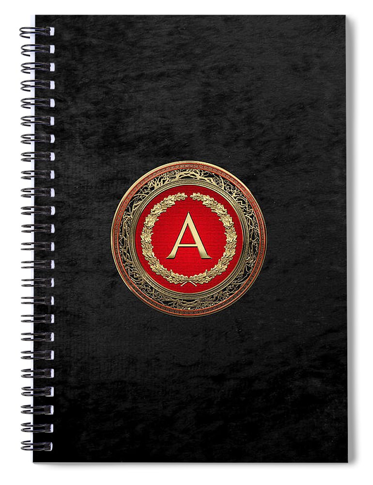 'monograms' Collection By Serge Averbukh Spiral Notebook featuring the digital art A - Gold on Red Vintage Monogram in Oak Wreath over Black Velvet by Serge Averbukh