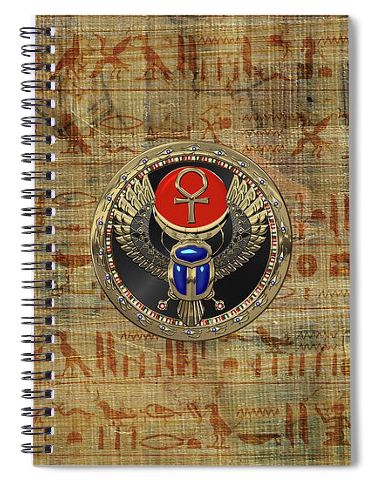 ‘treasures Of Egypt’ Collection By Serge Averbukh Spiral Notebook featuring the digital art Sacred Egyptian Winged Scarab with Ankh in Gold and Gems over Papyrus Covered with Hieroglyphics by Serge Averbukh