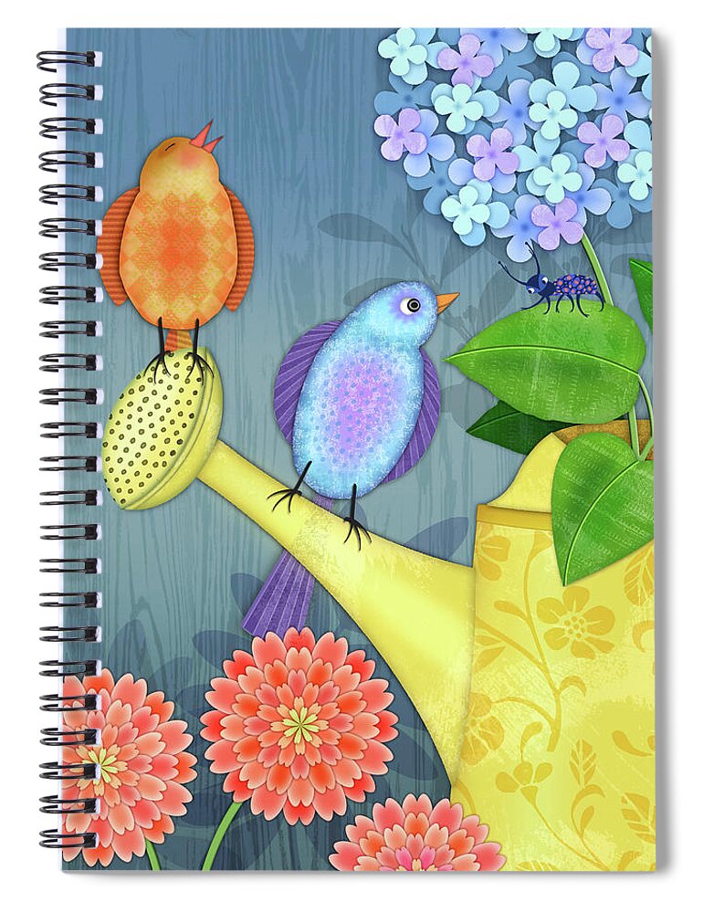 Garden Spiral Notebook featuring the digital art Two Birds on a Watering Can by Valerie Drake Lesiak