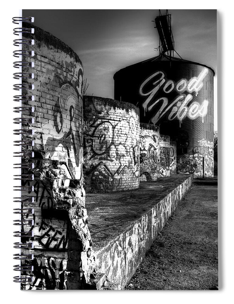 Asheville River Arts District Spiral Notebook featuring the photograph Asheville River Art Graffiti Black and White by Carol Montoya