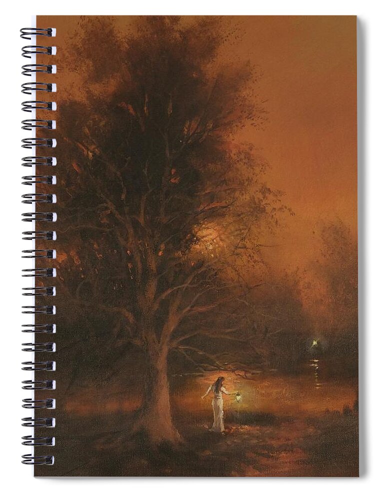 Twilight; Moody Landscape; Woman With Lantern; Tom Shropshire Painting; Atmospheric Landscape Spiral Notebook featuring the painting Assignation by Tom Shropshire