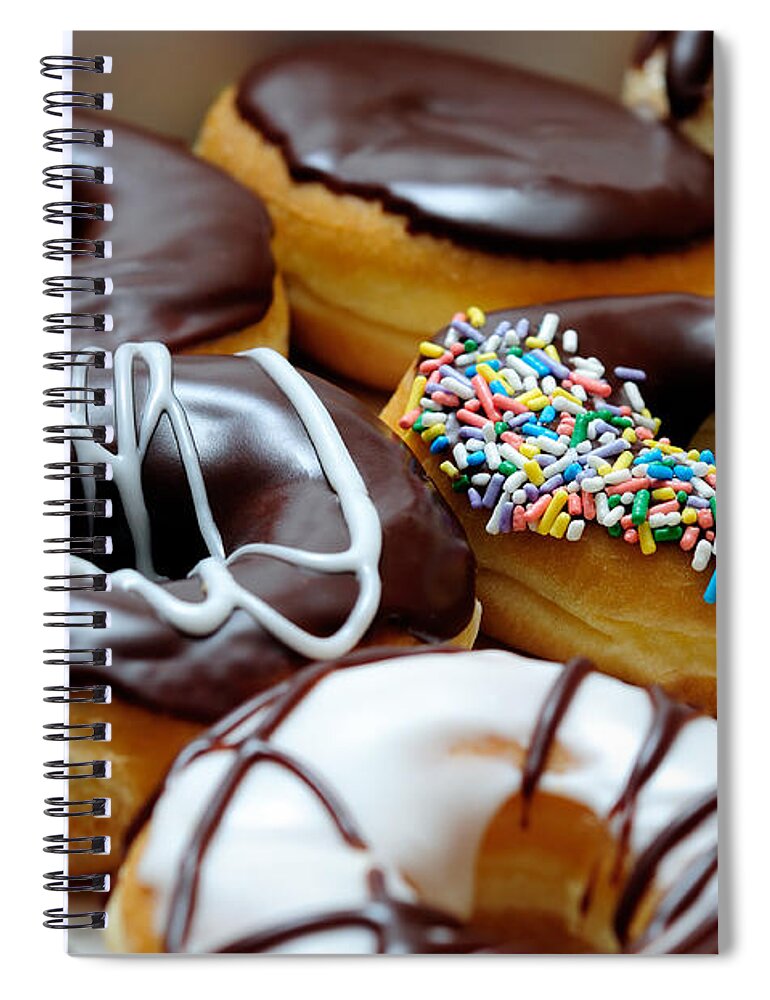 Breakfast Spiral Notebook featuring the photograph Assorted Doughnuts Close-Up Picture by Paul Velgos