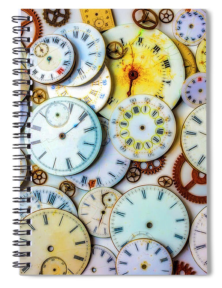Assorted Spiral Notebook featuring the photograph Assorted Watch Faces And Gears by Garry Gay