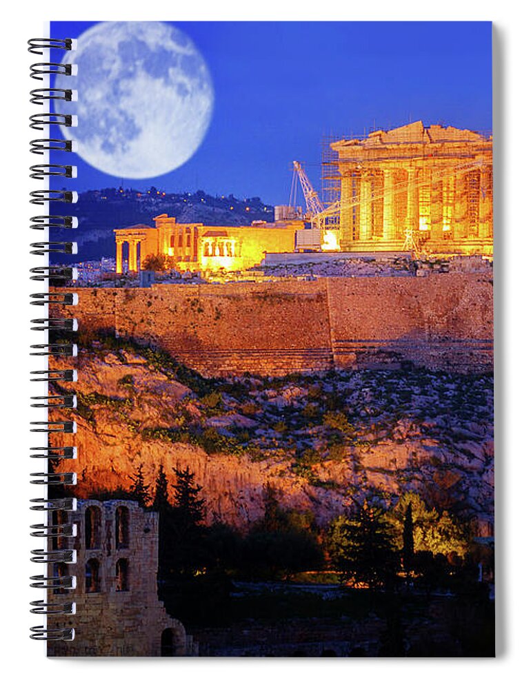 Athens Spiral Notebook featuring the photograph Athens and the Moon by Anastasy Yarmolovich