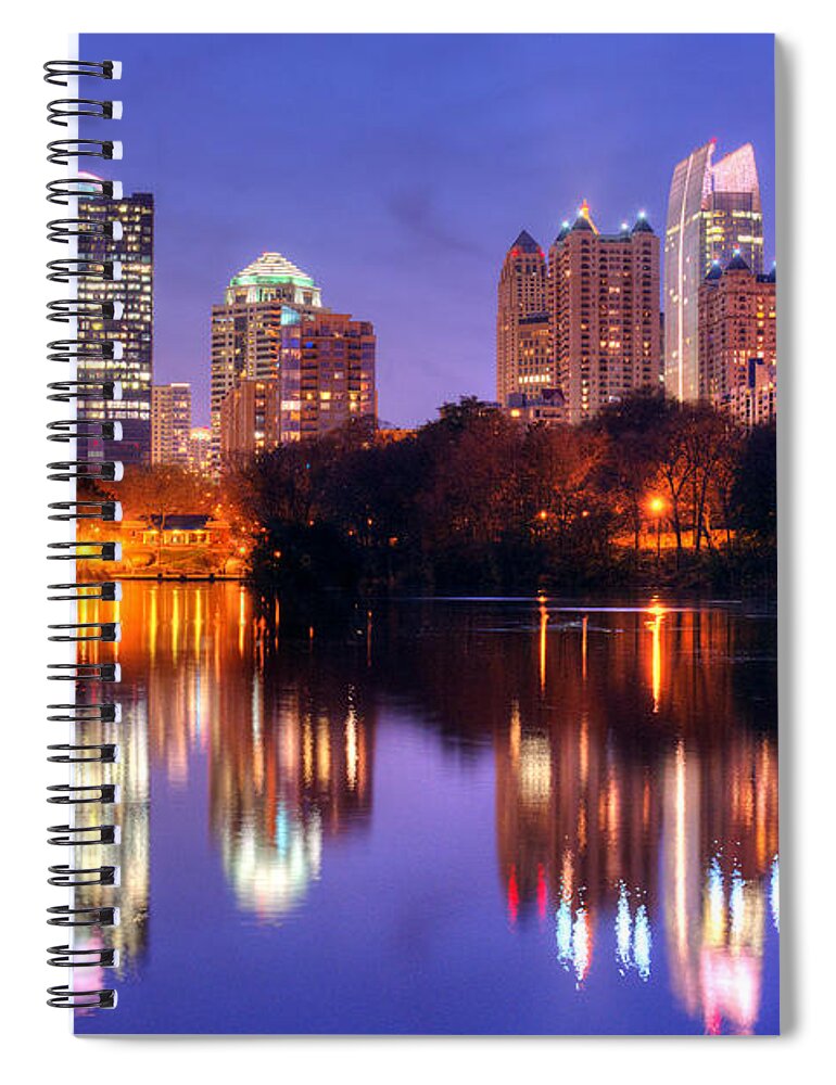 Atlanta Spiral Notebook featuring the photograph Atlanta Skyline at Dusk Midtown Color Piedmont Park by Jon Holiday