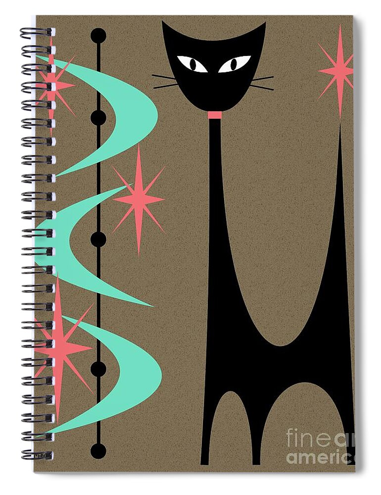 Mid Century Modern Spiral Notebook featuring the digital art Atomic Cat Aqua and Pink by Donna Mibus