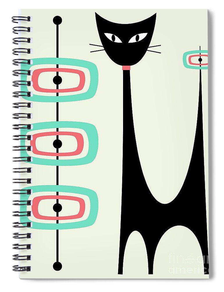 Mid Century Modern Spiral Notebook featuring the digital art Atomic Cat Orbs Aqua and Pink on Cream by Donna Mibus