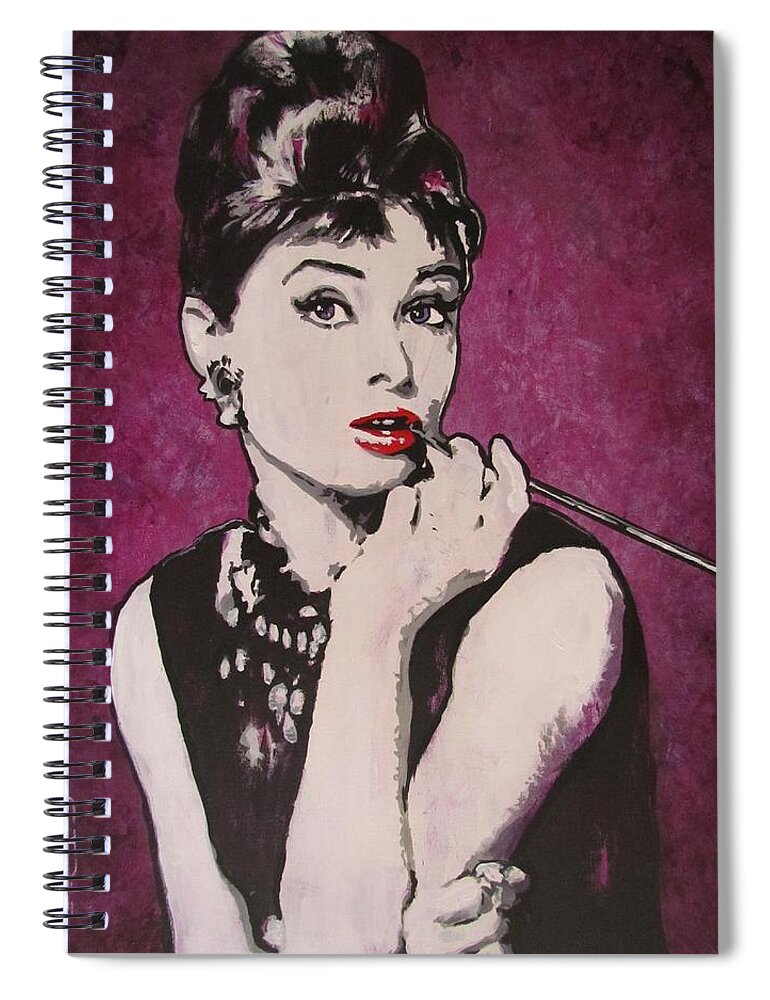 Audrey Hepburn May 4 1929 - Jan 20 1993 . Moon River. Breakfast At Tiffany's. Spiral Notebook featuring the painting Audrey Hepburn - Breakfast by Eric Dee