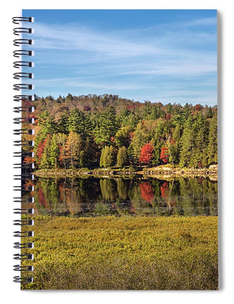 Autumn Birch On Ausable River New York Spiral Notebook featuring the photograph Ausable River Autumn Reflection Panorama by Karen Jorstad