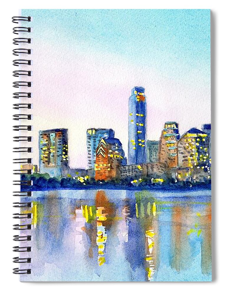 Austin Spiral Notebook featuring the painting Austin Texas Skyline by Carlin Blahnik CarlinArtWatercolor