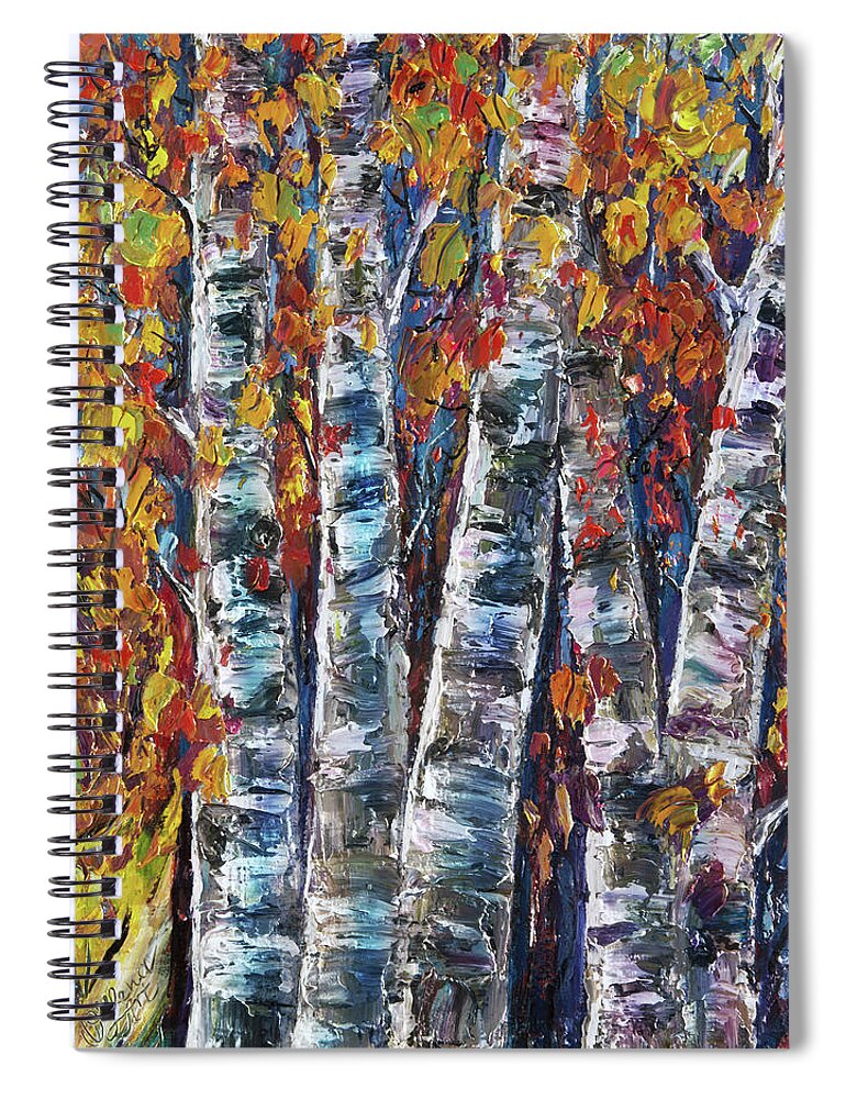 Lenaowens Spiral Notebook featuring the painting Autumn Aspen Trees with palette knife by OLena Art by Lena Owens - Vibrant DESIGN