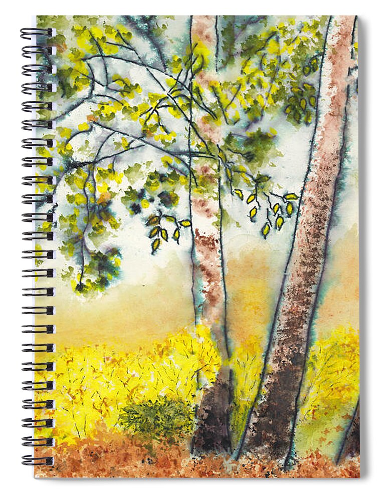 Autumn Birch Trees Spiral Notebook featuring the mixed media Autumn Birch Trees by Conni Schaftenaar