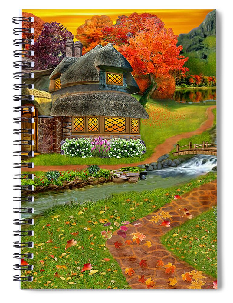 Autumn Spiral Notebook featuring the digital art Autumn Country Cottage by Glenn Holbrook