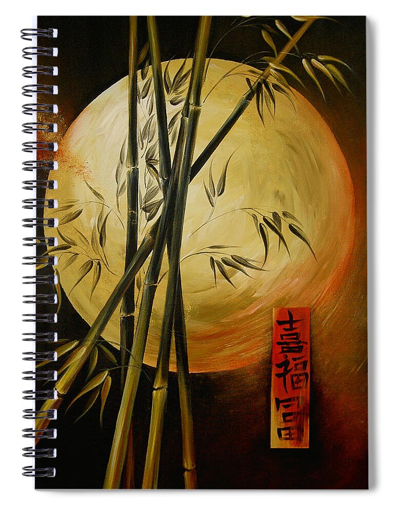 Asian Moon Bamboo Spiral Notebook featuring the painting Autumn Moon by Dina Dargo