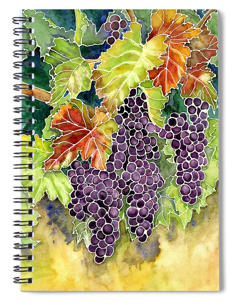 Cabernet Sauvignon Grapes Spiral Notebook featuring the painting Autumn Vineyard in its Glory - Batik Style by Audrey Jeanne Roberts