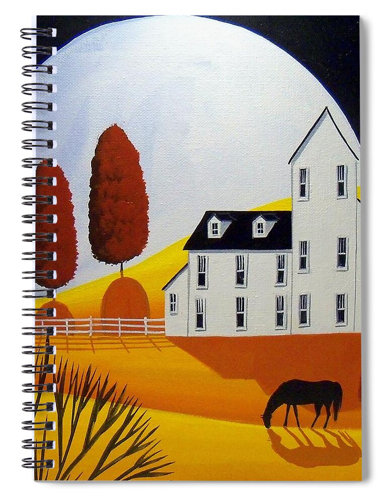 Folk Art Spiral Notebook featuring the painting Autumn Wonder Moon - country farm folk art by Debbie Criswell