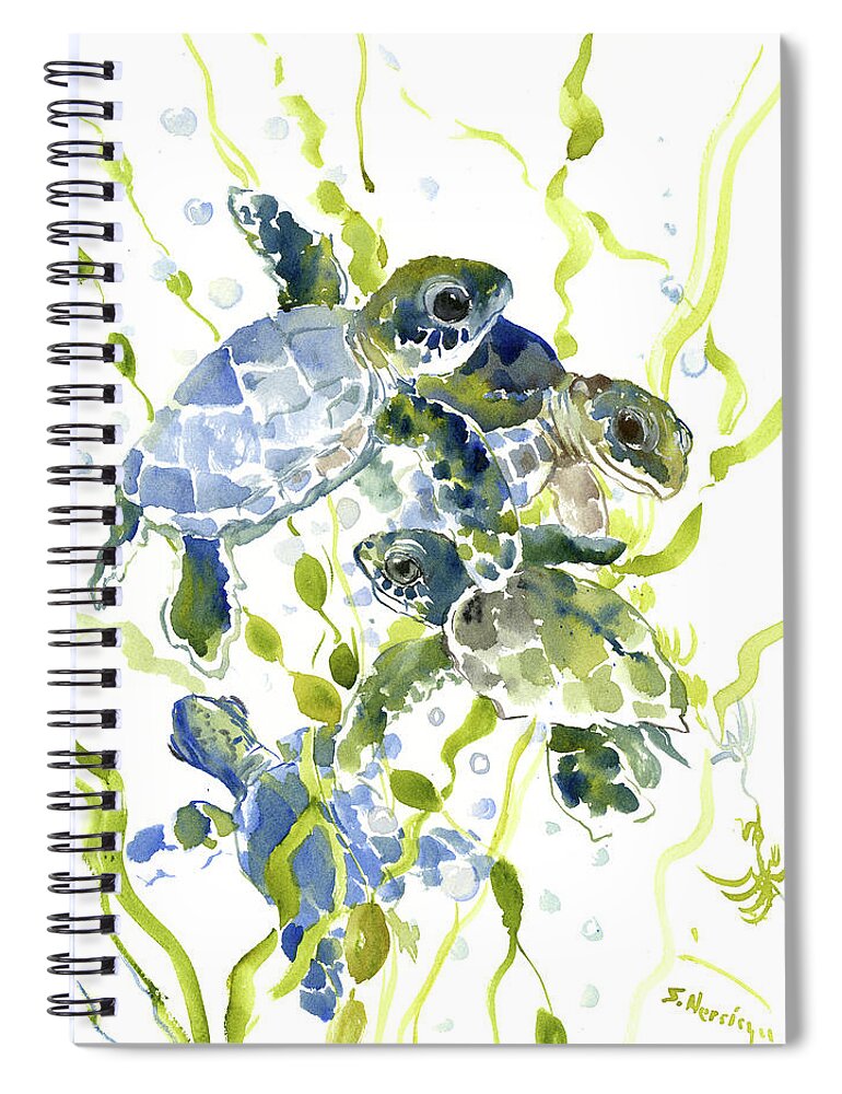 Sea Turtle Art Spiral Notebook featuring the painting Baby Sea Turtles in the Sea by Suren Nersisyan