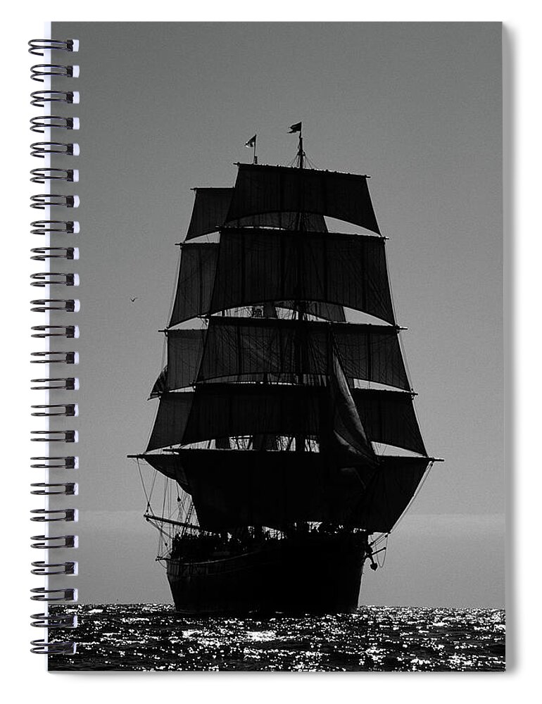 Black And White Spiral Notebook featuring the photograph Back lit Tall Ship by David Shuler