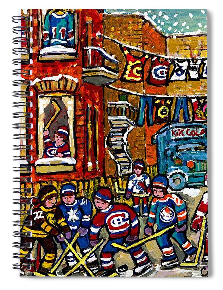Montreal Spiral Notebook featuring the painting Backlane Winter In The City Original Six Hockey Art Verdun Montreal Snowy Alley Laneway Canadian Art by Carole Spandau