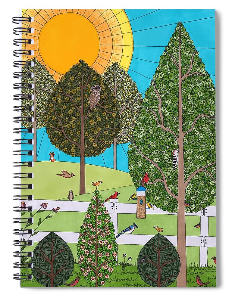 Birds Spiral Notebook featuring the drawing Backyard Gathering by Pamela Schiermeyer
