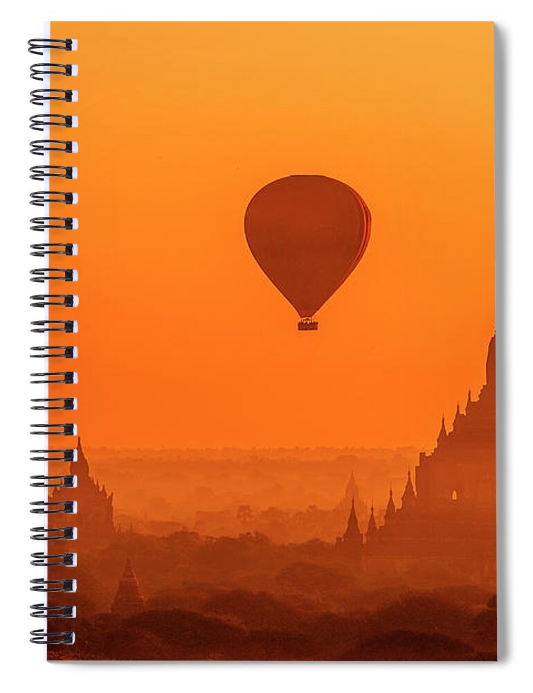  Spiral Notebook featuring the photograph Bagan pagodas and hot air balloon by Pradeep Raja Prints