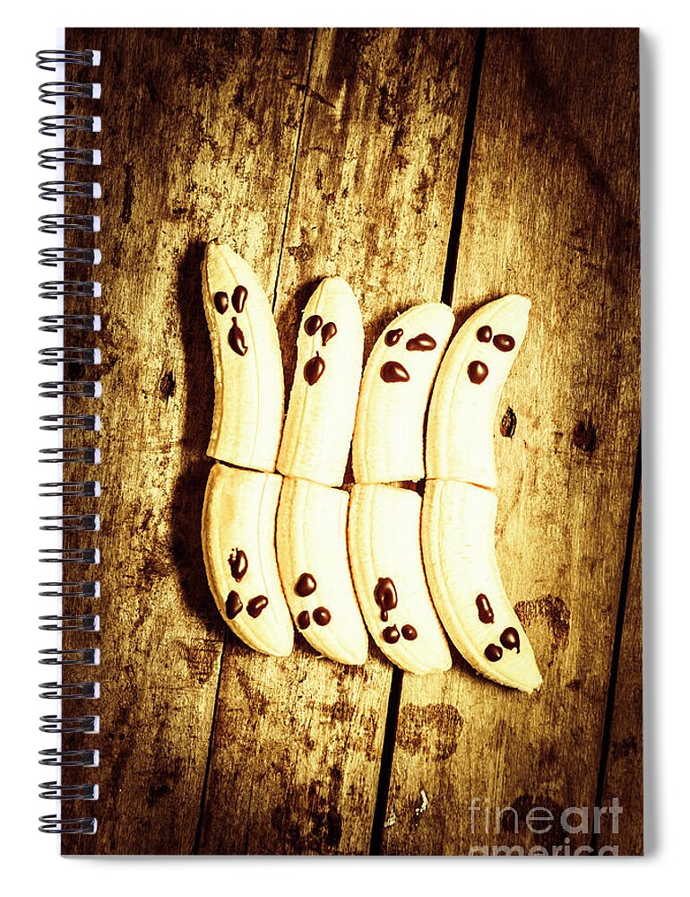 Fruit Spiral Notebook featuring the photograph Banana ghosts looking to split at halloween party by Jorgo Photography