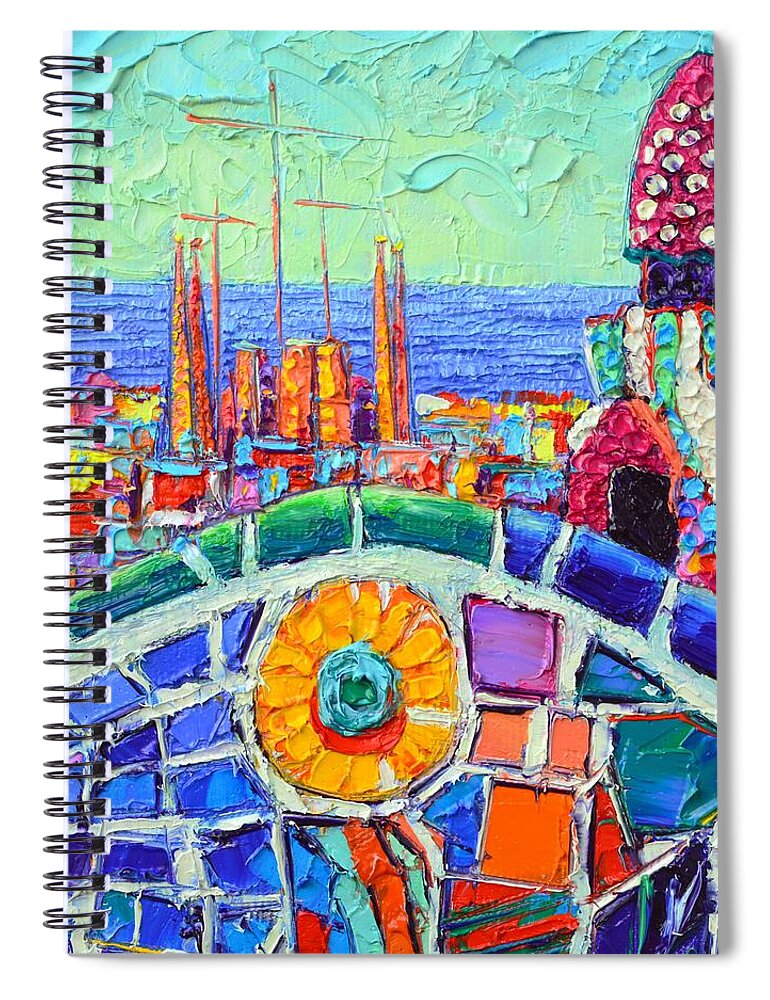 Barcelona Spiral Notebook featuring the painting BARCELONA SAGRADA FAMILIA FROM PARK GUELL impasto textural impressionist palette knife oil painting by Ana Maria Edulescu