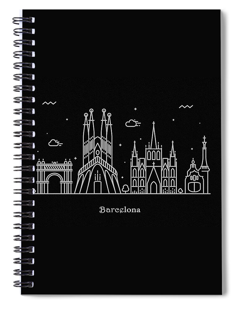 Barcelona Spiral Notebook featuring the drawing Barcelona Skyline Travel Poster by Inspirowl Design