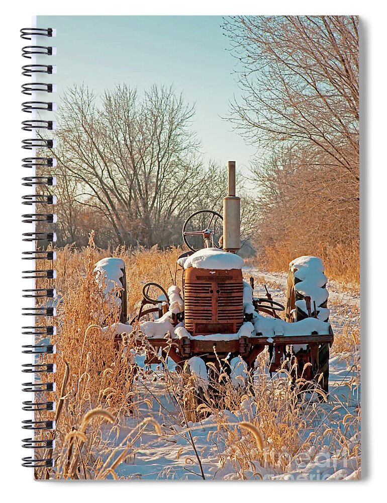  Farm Spiral Notebook featuring the photograph  Bard Road farm Il Tractor frosted field winter by Tom Jelen