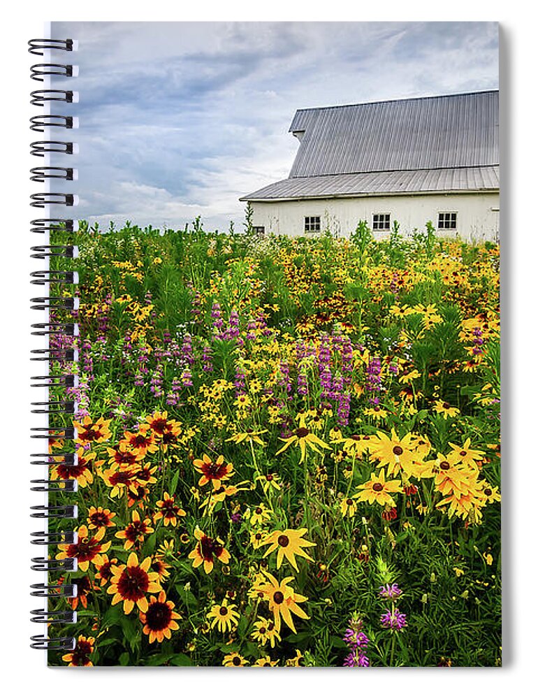 Gloriosa Daisy Spiral Notebook featuring the photograph Barn and Wildflowers by Ron Pate