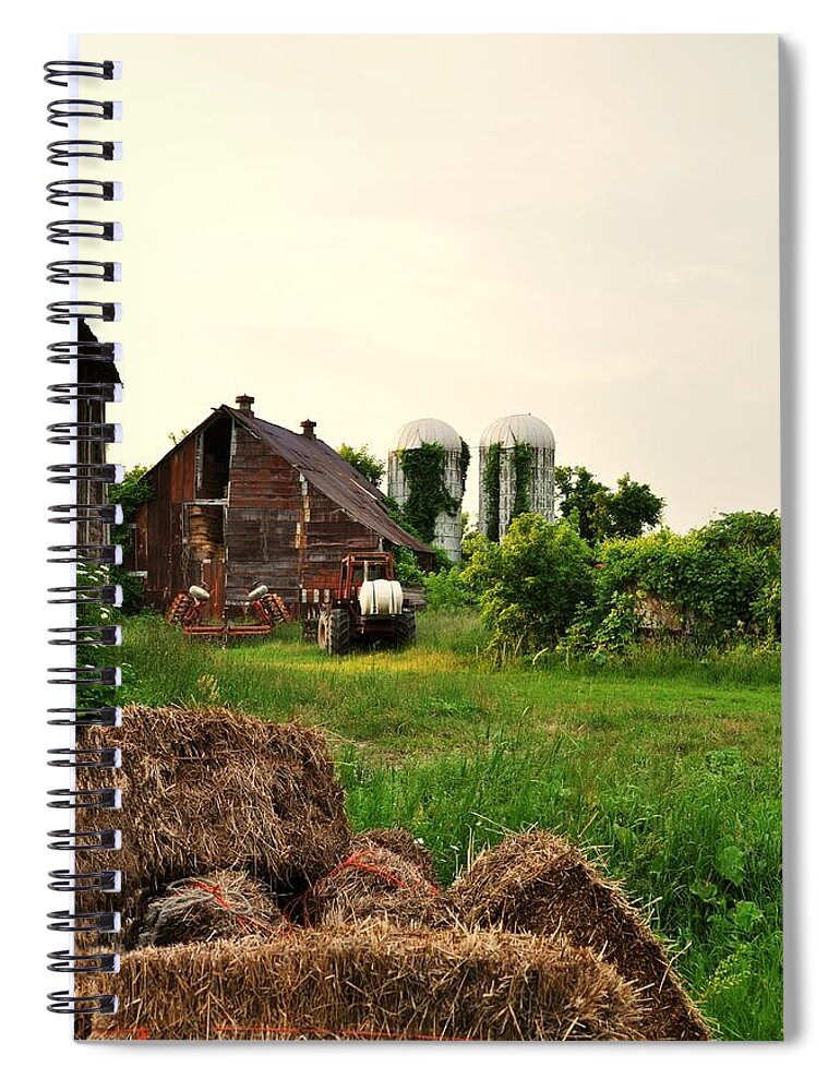 Barn Spiral Notebook featuring the digital art Barn with Silos and Hay by Robert Habermehl