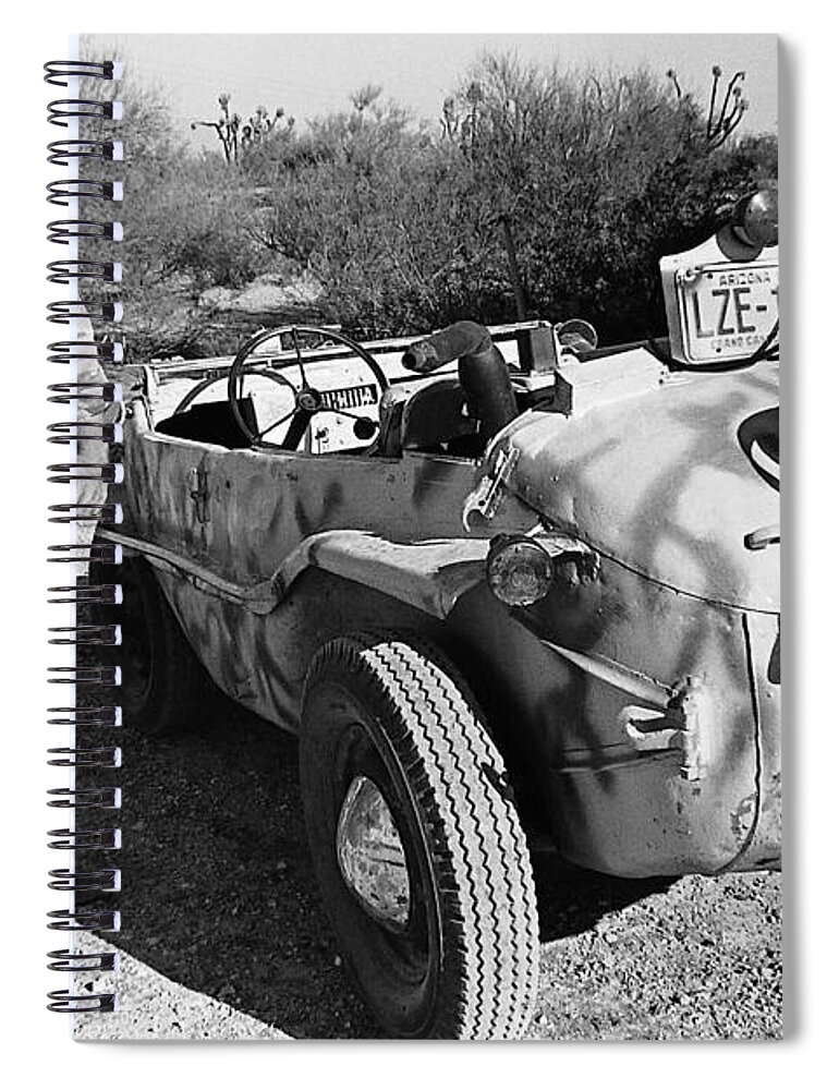 Barry Sadler And His 1941 German Army Vw Amphibian Tucson Arizona 1971 Spiral Notebook featuring the photograph Barry Sadler and his 1941 German Army VW amphibian Tucson Arizona 1971 by David Lee Guss