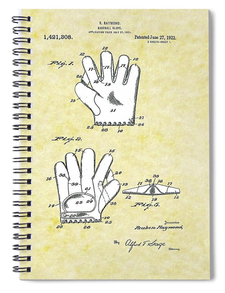 Reuben Raymond Spiral Notebook featuring the drawing Baseball Glove 1921 Patent by Movie Poster Prints