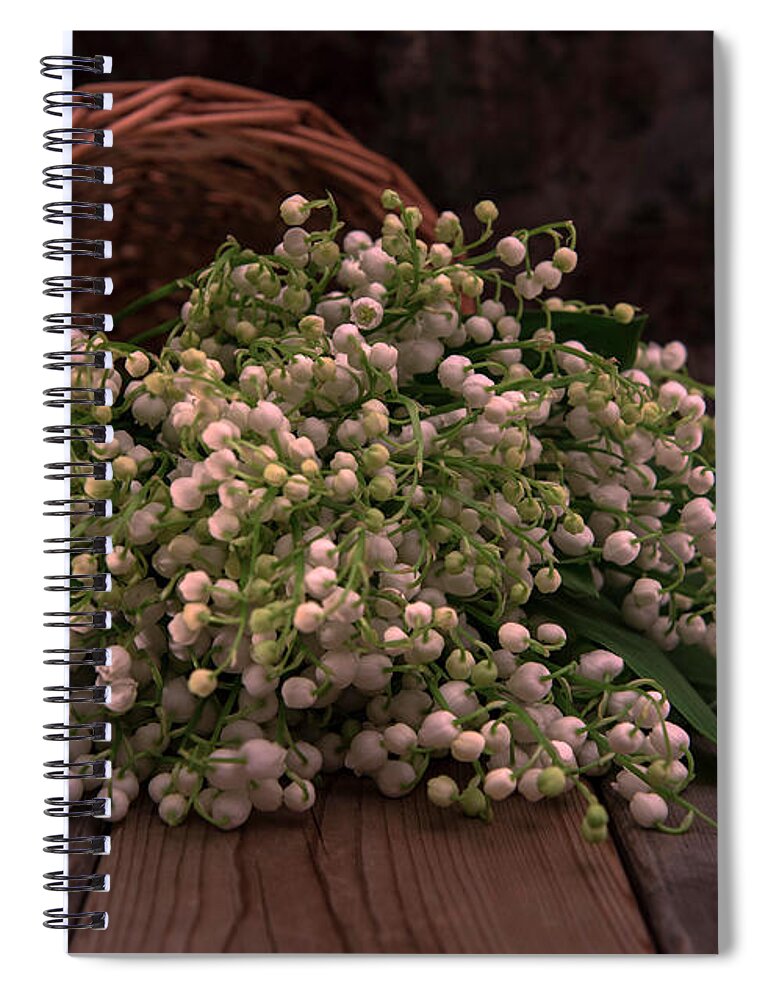 Basket Spiral Notebook featuring the photograph Basket of fresh lily of the valley flowers by Jaroslaw Blaminsky