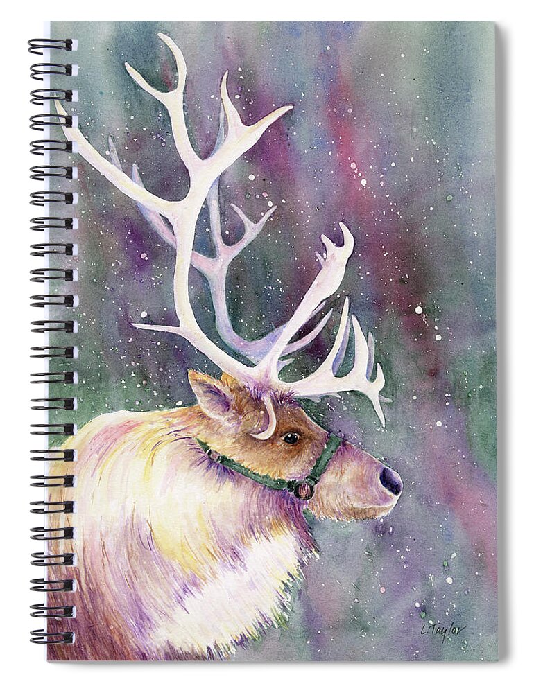 Reindeer Spiral Notebook featuring the painting Basking in the Lights by Lori Taylor