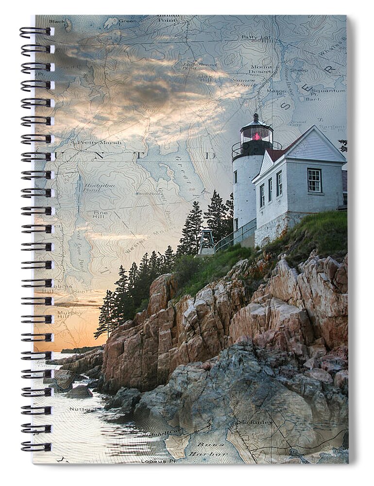  Spiral Notebook featuring the digital art Bass Harbor lighthouse on Maine nautical chart by Jeff Folger