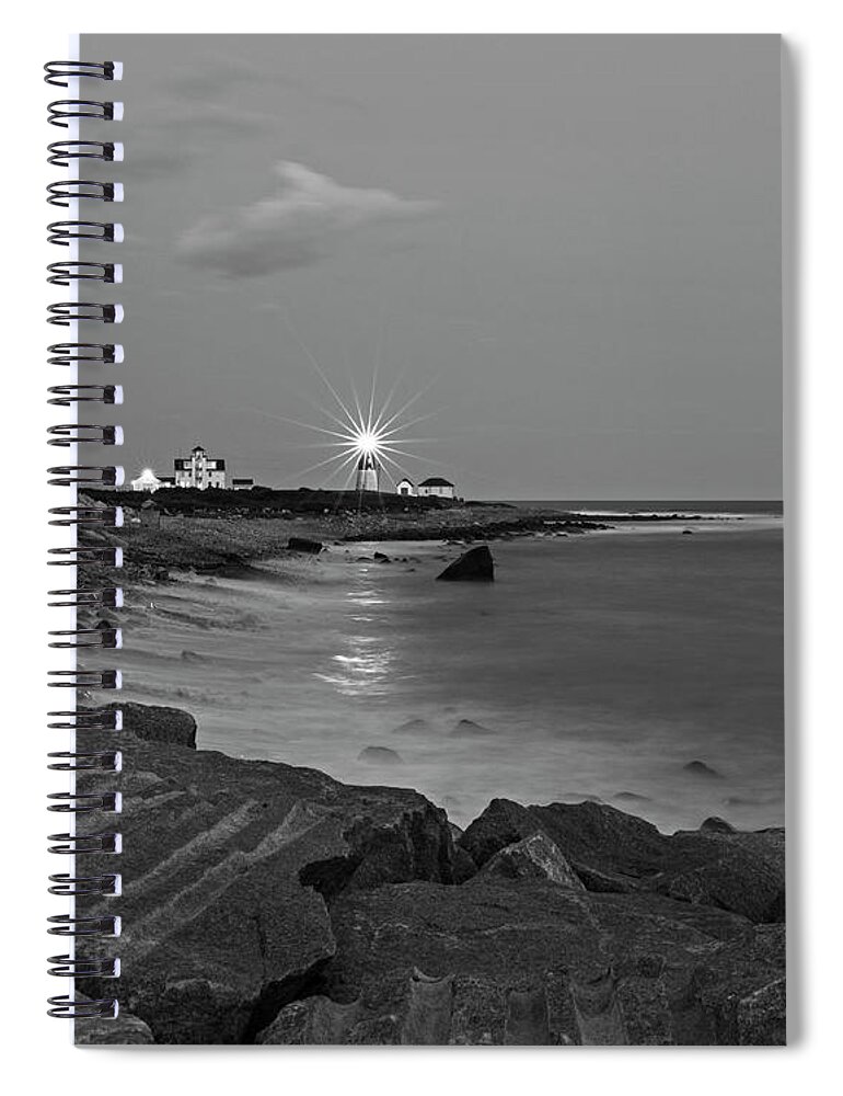 Judith Spiral Notebook featuring the photograph Beacon in the Night Judith Point Lighthouse Narragansett Rhode Island RI Breakwater Black and White by Toby McGuire
