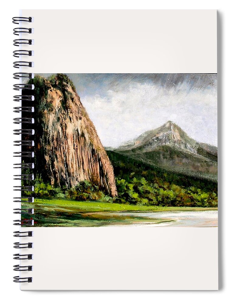 Landscape Spiral Notebook featuring the painting Beacon Rock Washington by Jim Gola