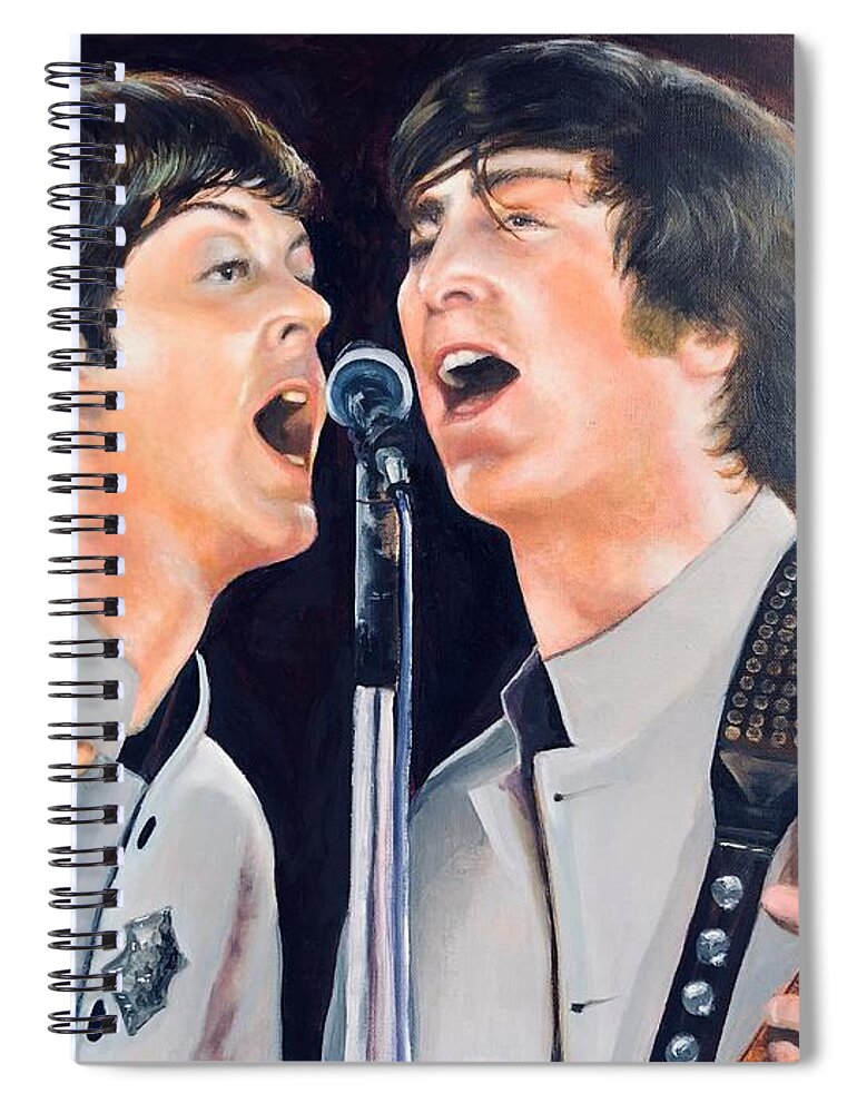John Lennon Spiral Notebook featuring the painting Beatles at Shea Stadium by Leland Castro