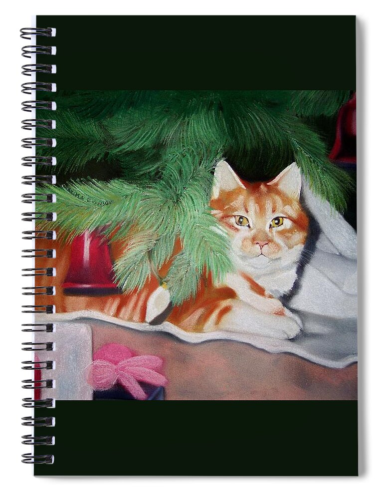 Orange Tabby Under Xmas Tree Spiral Notebook featuring the pastel Beautiful George by Marika Evanson