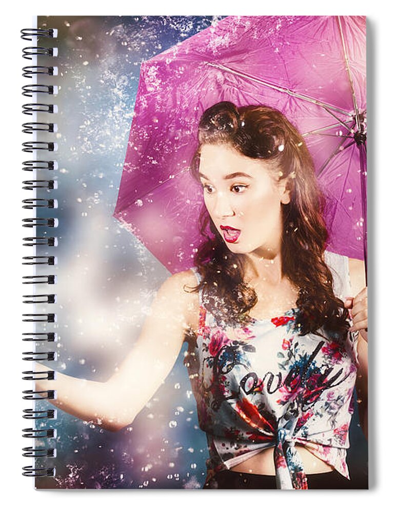 Rain Spiral Notebook featuring the photograph Beautiful pin up woman catching rain water by Jorgo Photography