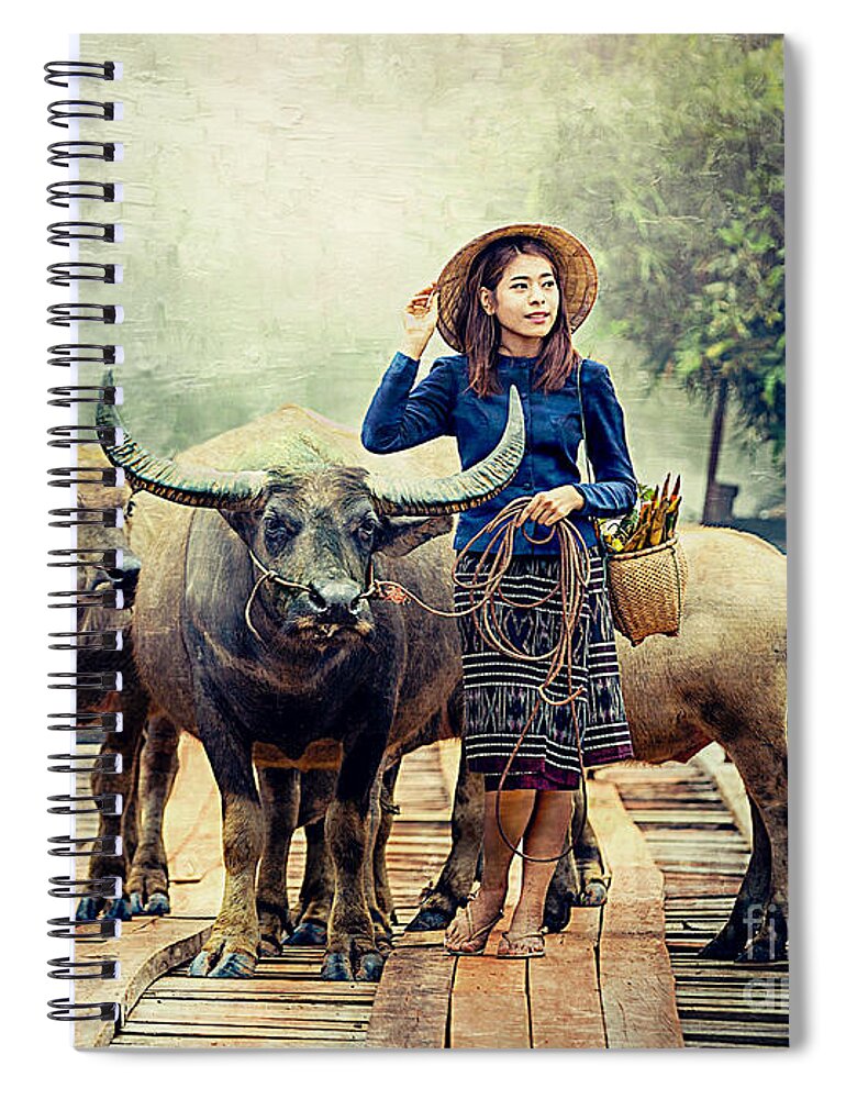 Asia Spiral Notebook featuring the digital art Beauty And The Water Buffalo by Ian Gledhill