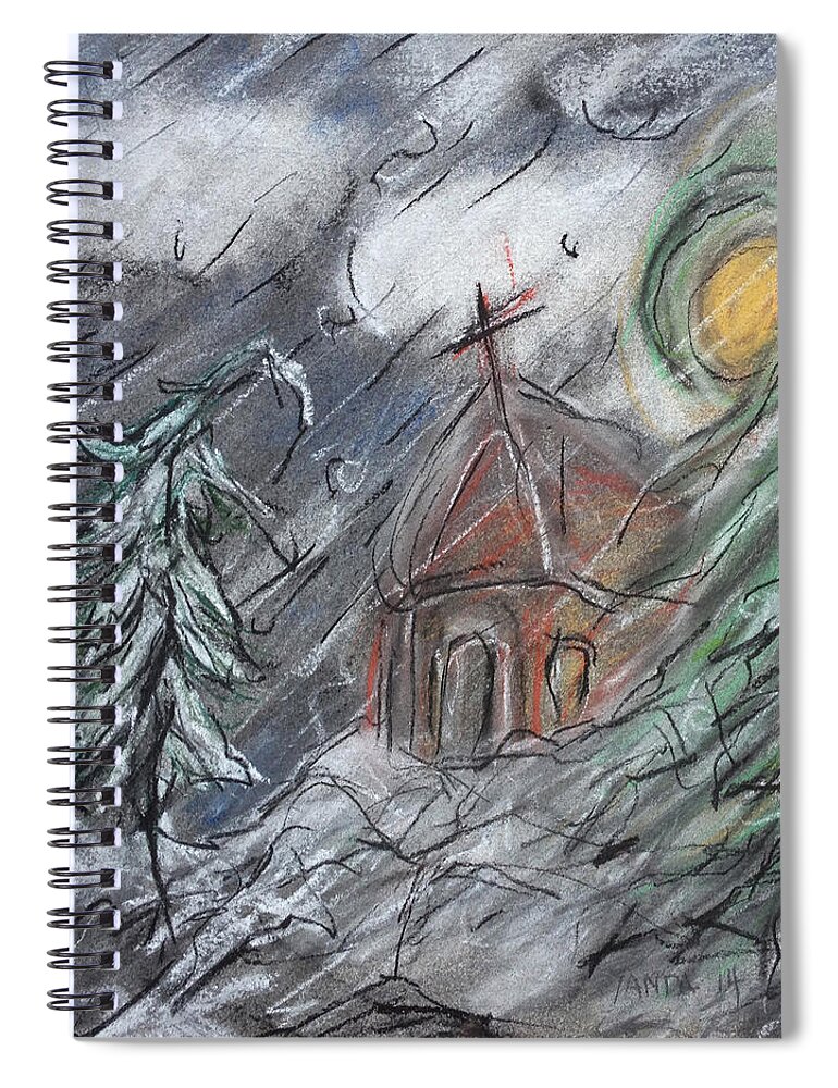 Original Art Pastel Chalk Drawing Winter Storm Snow Church Wind Spiral Notebook featuring the pastel Beauty of Winter by Katt Yanda