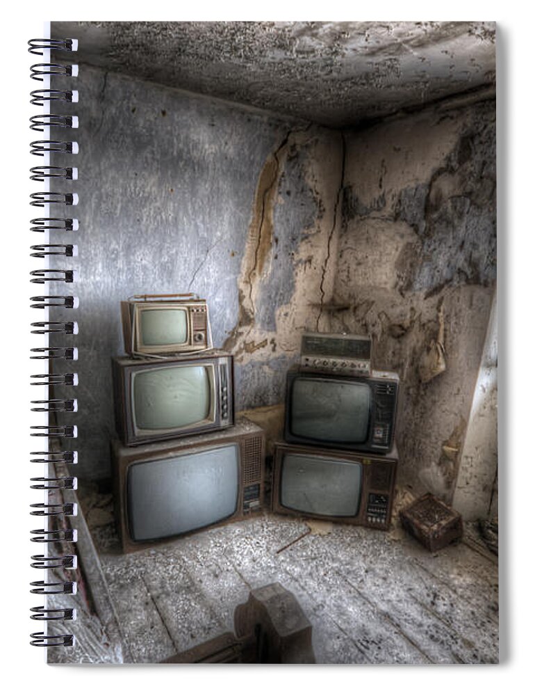Urbex Spiral Notebook featuring the digital art Bed time TV by Nathan Wright
