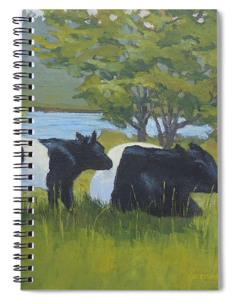 Belted Galloway Spiral Notebook featuring the painting Belted Galloway and Calf by Bill Tomsa