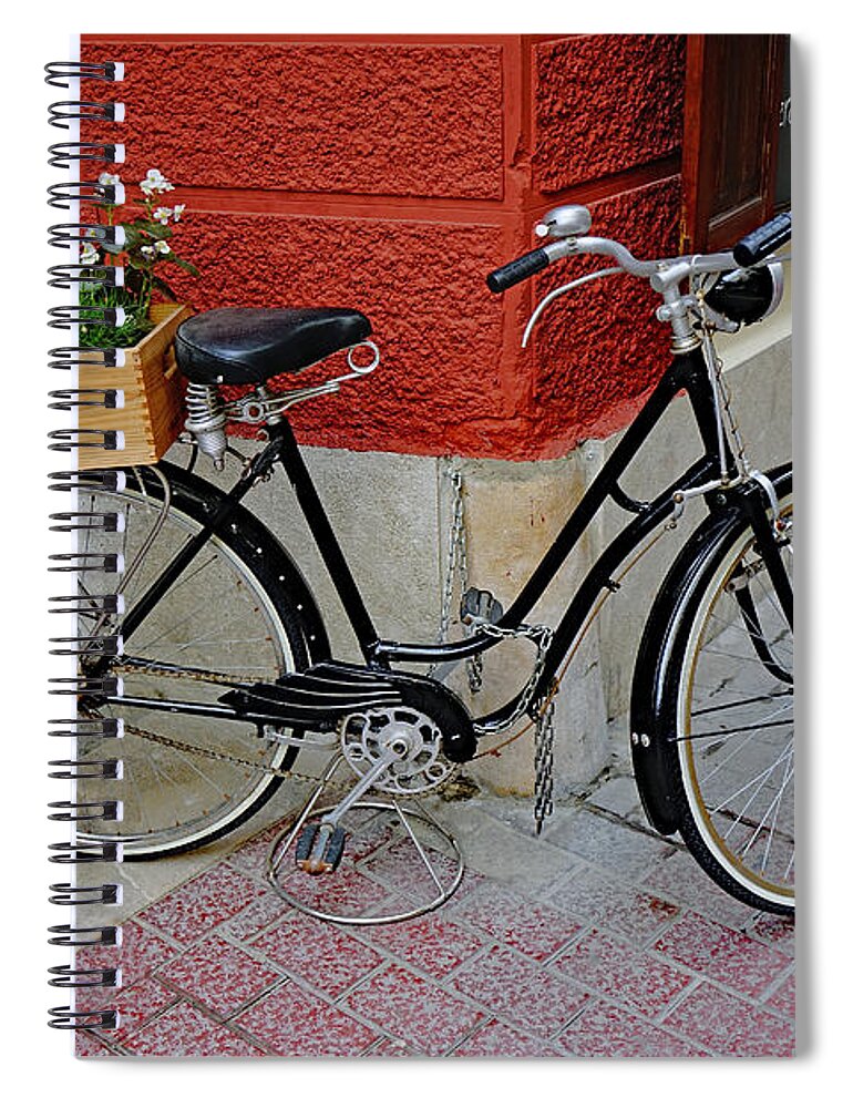 Bicycle Spiral Notebook featuring the photograph Bicycle With Flowers In Palma Majorca Spain by Rick Rosenshein