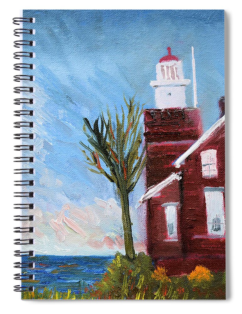  Lighthouse Lake Superior Bed And Breakfast Skyscape Blue Red Orange Spiral Notebook featuring the painting Big Bay Lighthouse by Michael Daniels