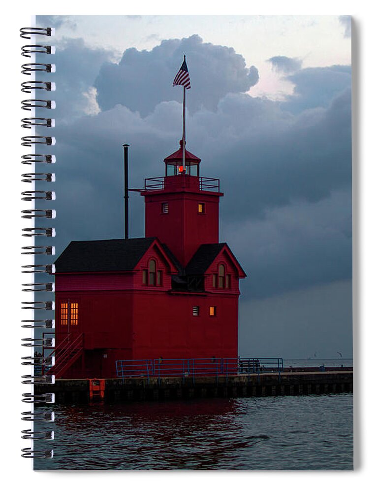 Michigan Spiral Notebook featuring the photograph Big Red Lighthouse Holland Michigan Grey Skies by Ken Figurski