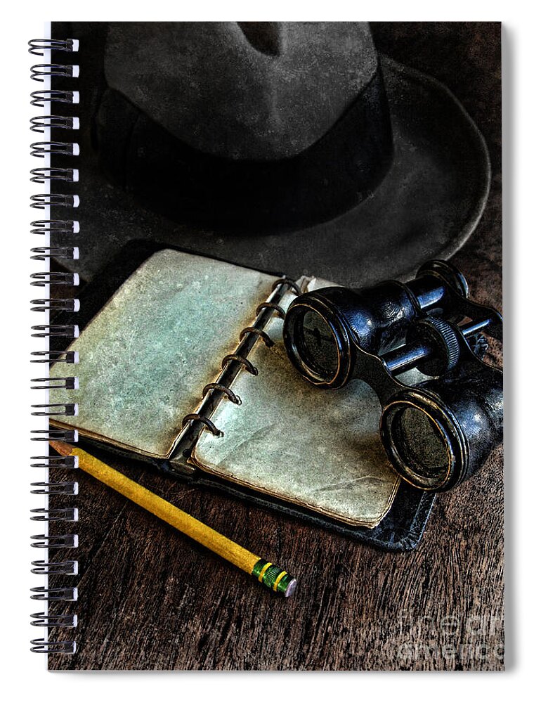 Binoculars Spiral Notebook featuring the photograph Binoculars Fedora and Notebook by Jill Battaglia